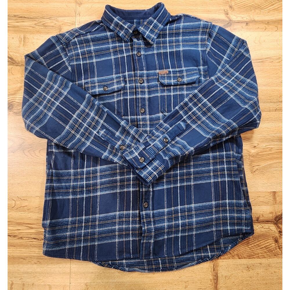 Orvis Mens Blue Plaid Flannel Button Down Shirt Long‎ Sleeve Large Navy